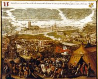 Dordrecht 1418 Het opbreken van het beleg van Dordrecht (kleur) door Anthony Otten van der Laen, naar Jacob van Strij