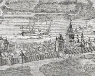 Dordrecht 1418 detail door Daniël Vrijdag in 1797, naar Jacob van Strij